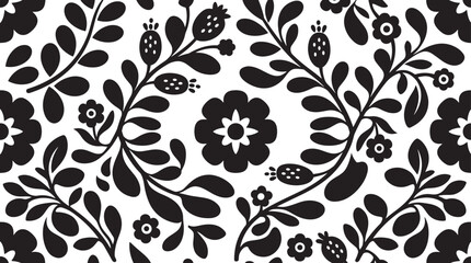 Scandinavian folk art floral pattern, black and white botanical seamless vector background, nordic style flower and leaf silhouette wallpaper © Sawmraj