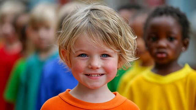 Young boy waits with a smile among friends during outdoor playtime Generative AI