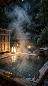 Empty outdoor Japanese onsen with thick steam and paper lanterns in dark mountain forest at night