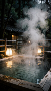 Empty outdoor Japanese onsen with thick steam and paper lanterns in dark mountain forest at night