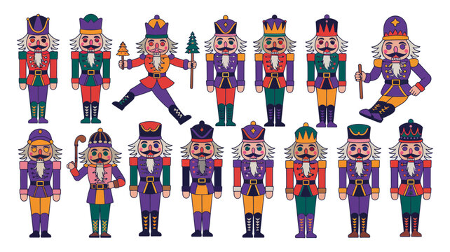 Group of festive nutcracker dolls in various colorful traditional military uniforms flat vector style with nutcracker