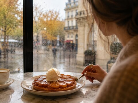 Disfrute de un tart tatin con helado en un caf&eacute; de Par&iacute;s mientras llueve