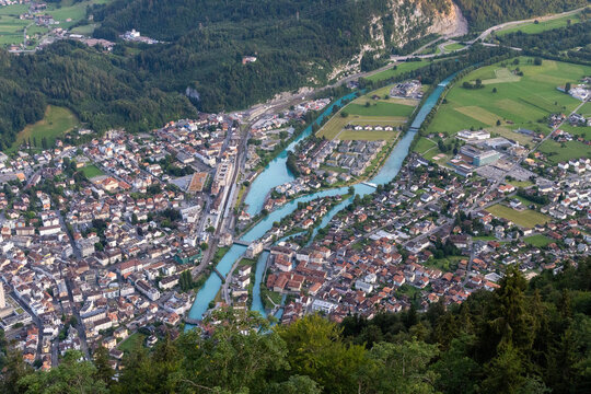 Aerial View of Interlaken and Unterseen with Aare River in Bernese Oberland, Switzerland
