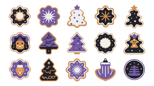 Set of festive christmas gingerbread cookies and decorative ornaments icons with christmas gingerbread ornaments