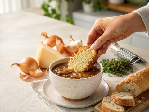 Disfrutar de sopa de cebolla francesa en un plato t&iacute;pico de Francia