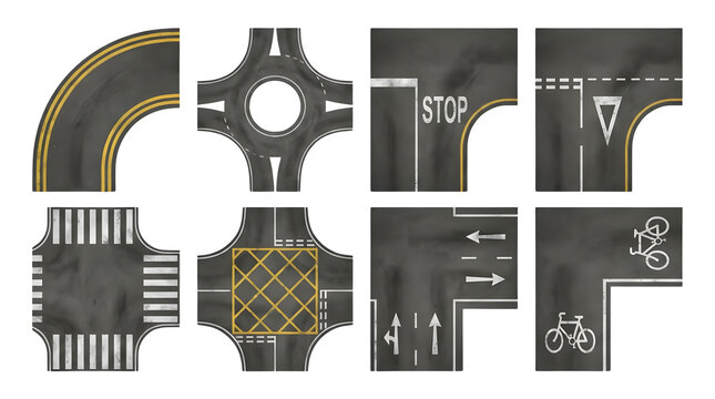 Asphalt road map elements set, 8 modular street construction tiles with markings, top view highway intersection and roundabout kit for city planning