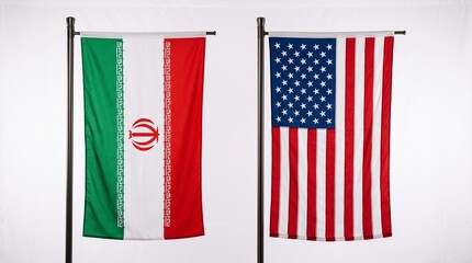Obraz premium Iranian and US Vertical Banner Flags on Stands Isolated on White Background 