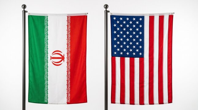 Vertical Flags of Iran and United States Hanging side by side Isolated on White
