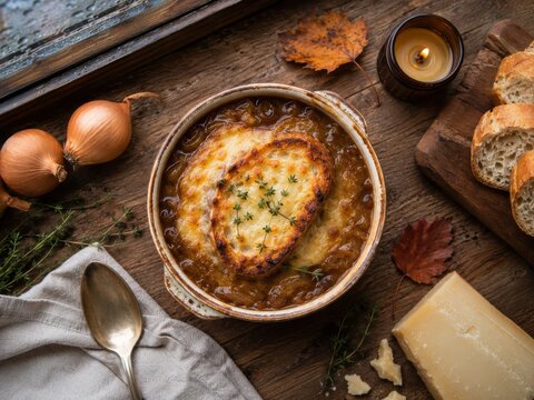 Franqu&eacute;s lujoso en el plato con sopa de cebolla, pan y queso gratinado en una mesa acogedora
