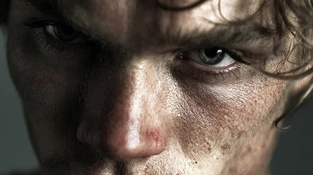 Close up portrait of an aggressive young man with a determined and angry expression on his face