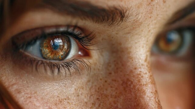 Close-up of a woman's blinking eye, revealing a detailed iris, long eyelashes, and freckled skin