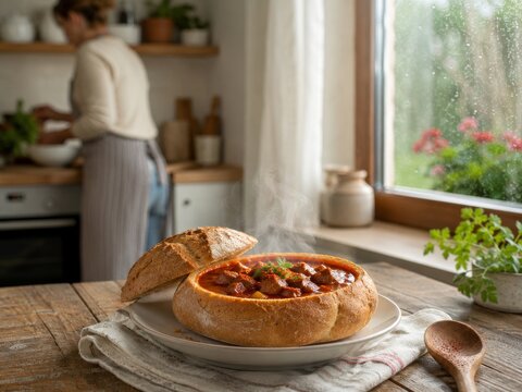 Guiso humeante servido en un bol de pan con una persona en la cocina