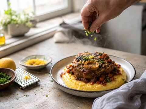 Disfrutar de osso buco con polenta en una mesa luminosa y acogedora