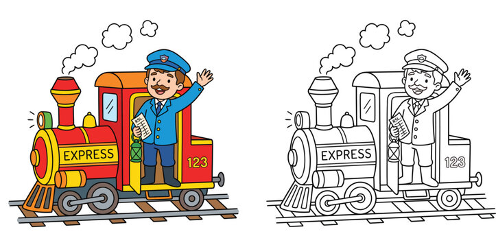 Train conductor waving from steam locomotive express train