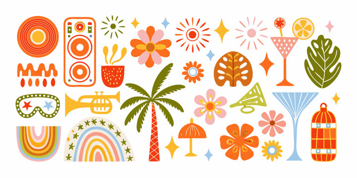 Tropical Party Vector Illustration With Palm Leaves Flowers And Musical Instruments