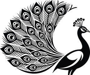 Fototapeta premium Elegant peacock stencil illustration featuring a majestic bird with highly detailed fanned plumage tail feathers vector graphic