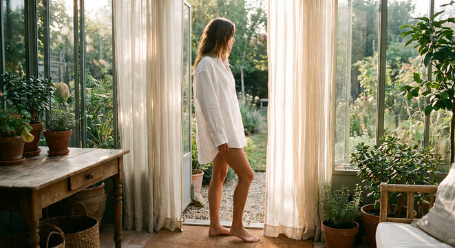 Woman in white shirt barefoot in sunlit plant-filled sunroom