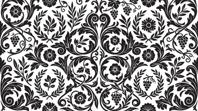 Vintage damask seamless pattern, black and white baroque floral background, classic victorian wallpaper with grapes and laurel wreaths