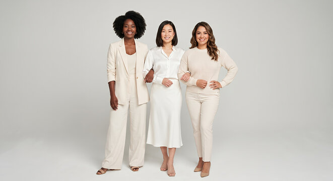 Three diverse women arm-in-arm in elegant cream business attire
