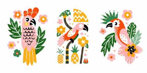Parrots And Tropical Plants Colorful Vector Illustration On White Background © Bobtosh
