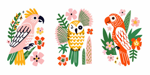Tropical Birds And Floral Elements Colorful Vector Illustration © Bobtosh