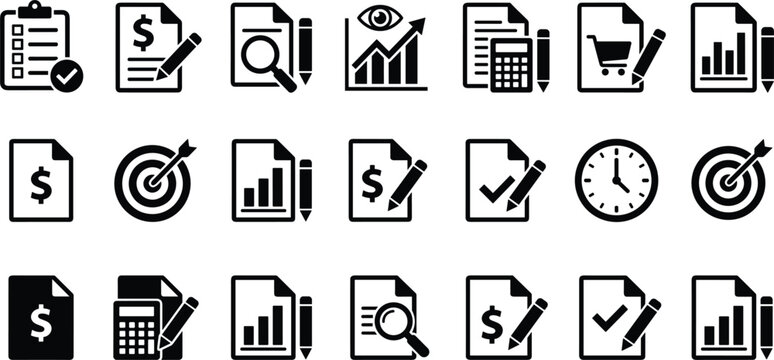 Financial business analytics and accounting document icon set presenting audit spreadsheets invoices calculators targets checklists and data reports