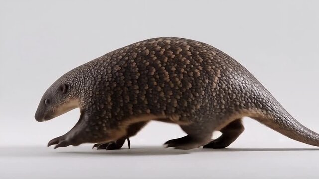 Pangolin walking in natural habitat. Rare armored mammal foraging on white sand for food.