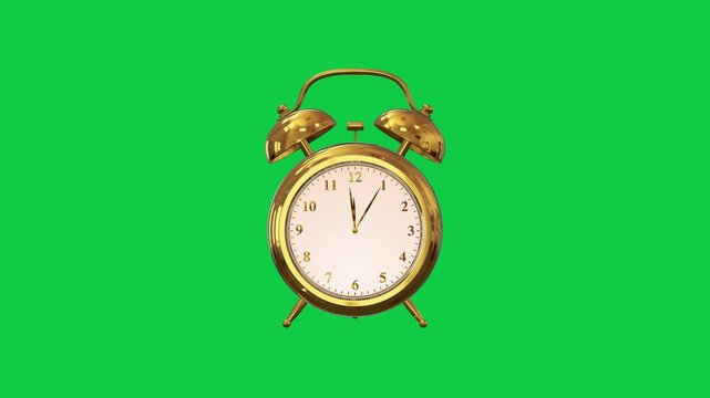 Vintage 3D Golden Alarm Clock  Isolated Green Screen Animation,Chroma Key Video Editing, Broadcast, Countdow social media motion design element