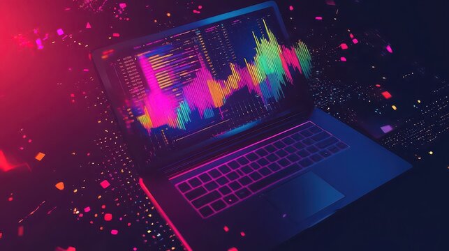 Laptop presents vibrant spectral audio or data waveforms amidst a flurry of colorful particles that symbolize the intersection of artistic creativity and advanced computational data processing power.