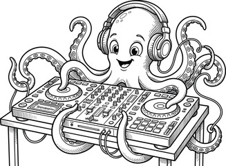 Funny cartoon octopus dj wearing headphones scratching records on electronic audio mixing console table vector sketch illustration © MdRakib