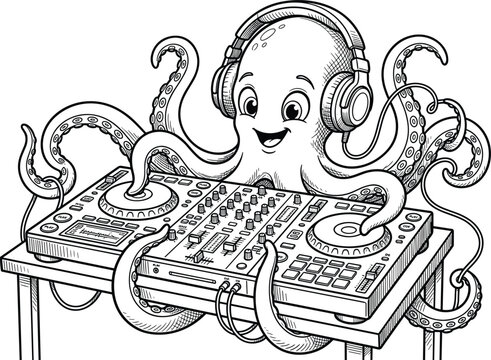 Funny cartoon octopus dj wearing headphones scratching records on electronic audio mixing console table vector sketch illustration