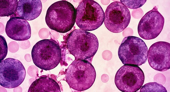 Microscopic view of purple cells with dark nuclei and pink background