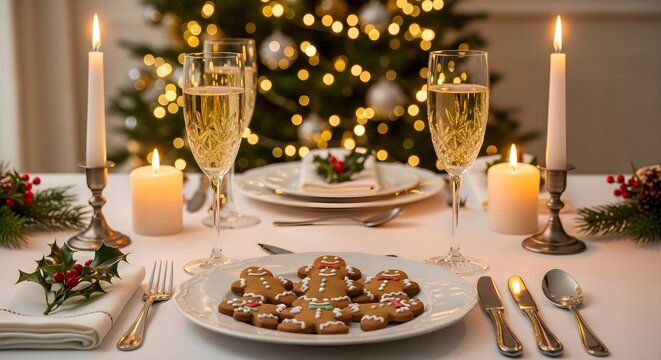 Festive christmas dinner table setting with champagne flutes, gingerbread cookies, candles, and a decorated tree in the background