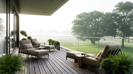 Fototapeta premium Modern Deck with Lounge Chairs Overlooking Misty Landscape.