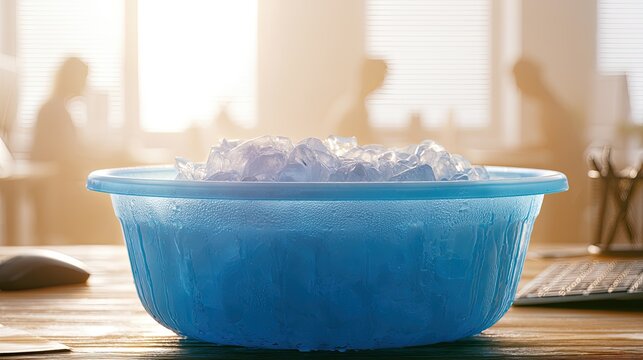 A blue bowl filled with ice cubes sits on a wooden desk in a sunlit office environment.