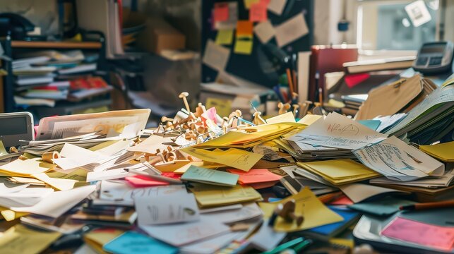 Cluttered desk surface covered with various office stationery and heaps of paper documents represents the demanding and high-pressure nature of modern professional life within a corporate office.
