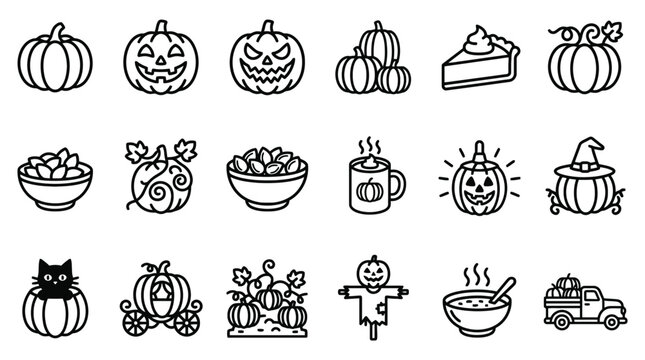 Set of autumn harvest and halloween thin line icons featuring pumpkins jack-o-lanterns pies cat and fall seasonal items jack o lantern halloween seasonal decoration steaming