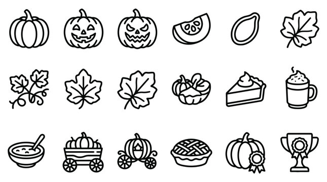Collection of linear autumn harvest and thanksgiving icons featuring pumpkins leaves pie seeds and seasonal festive food thanksgiving seasonal collection vegetable carriage