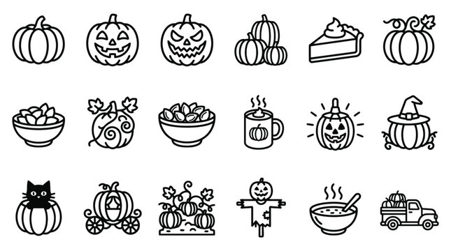 Set of autumn harvest and halloween thin line icons featuring pumpkins jack-o-lanterns pies cat and fall seasonal items jack o lantern halloween seasonal decoration steaming