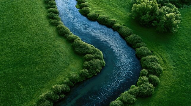 Aerial View of a Winding River Through Lush Green Fields.