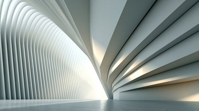 Empty modern parametric architectural interior with flowing curved white parallel ribs and soft natural sunlight shows iconic contemporary architectural design with clean minimal lines