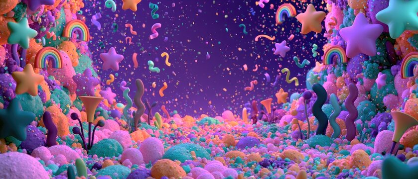 Whimsical Dreamscape of Floating Stars and Colorful Organic Forms.