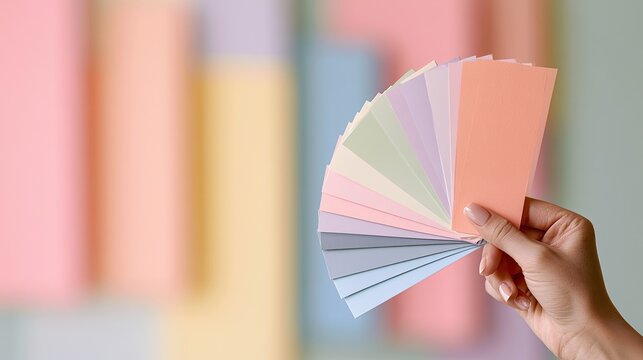 Hand holding a fan of pastel color swatches.