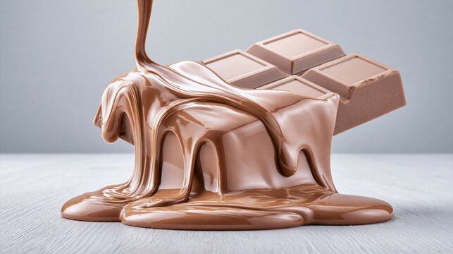 Melted creamy milk chocolate pouring over solid chocolate bar on light wooden surface shows delicious sweet melted cocoa dessert indulgent treat