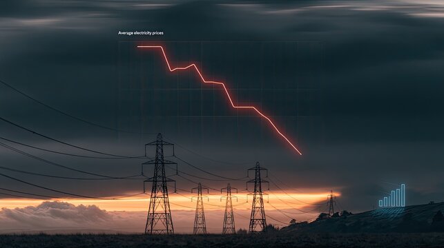 Dramatic Red Downward Trend Line Over Power Lines at Sunset.