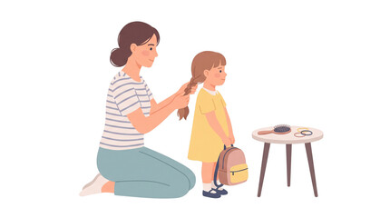 Fototapeta premium Mother braiding daughters hair getting ready for school with backpack.