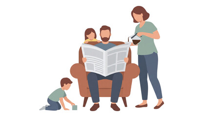 Fototapeta premium Family relaxing at home with father reading newspaper and children playing.