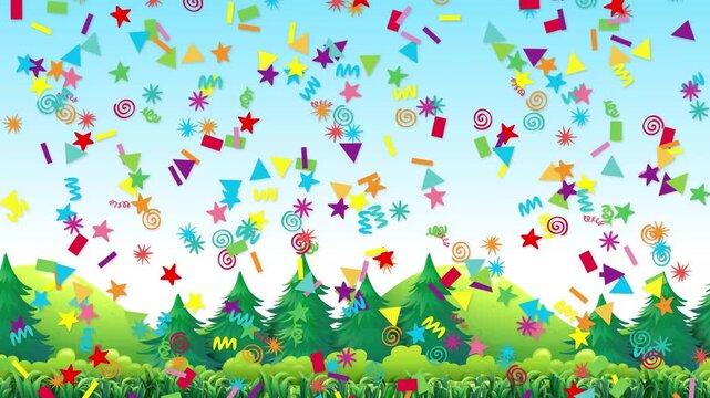 Colorful Geometric Shapes Falling Over Cartoon Forest Landscape Background