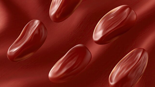 Five fresh sweet red date fruits floating in mid air against textured deep red background shows healthy organic dried fruit food concept
