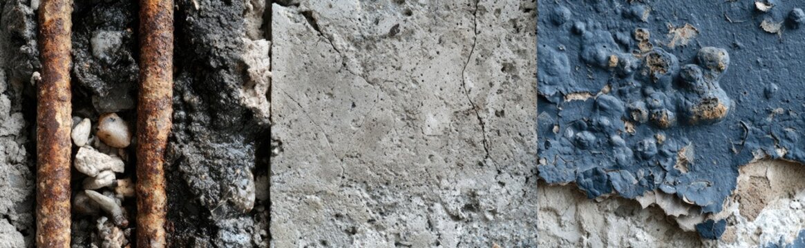 Close-up of weathered concrete with exposed rebar and barnacles.